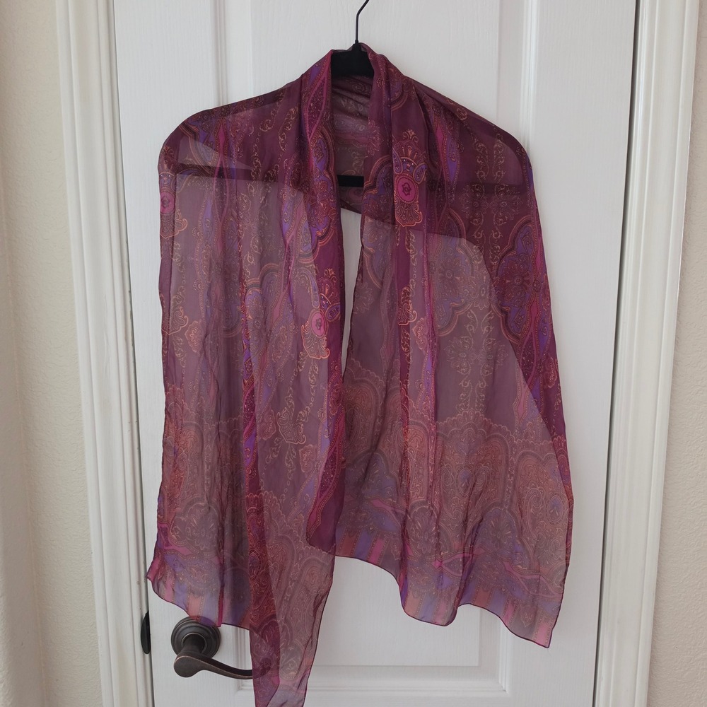Vintage Sheer Paisley Scarf Plum Purple Magenta Bohemian Lightweight Wrap 17x60